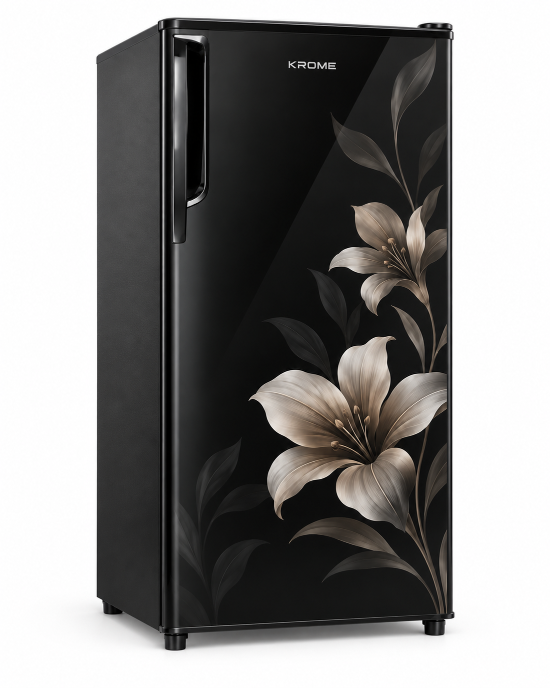 Krome KR-RF141GG 141L Gross Single Door Refrigerator – 90L Net, Direct Cool, Floral Glass Door, Compact Design, Black