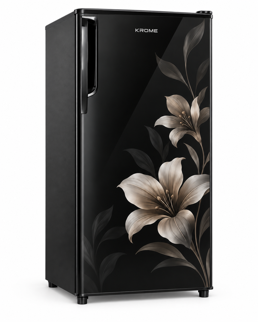 Krome KR-RF141GG 141L Gross Single Door Refrigerator – 90L Net, Direct Cool, Floral Glass Door, Compact Design, Black