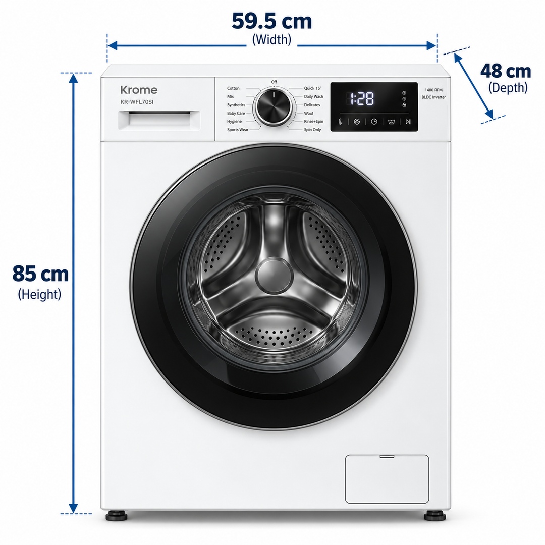 Krome KR-WFL70SI 7KG Front Load Washing Machine – 1400 RPM, BLDC Inverter Motor, 12 Wash Programs, LED Display, White