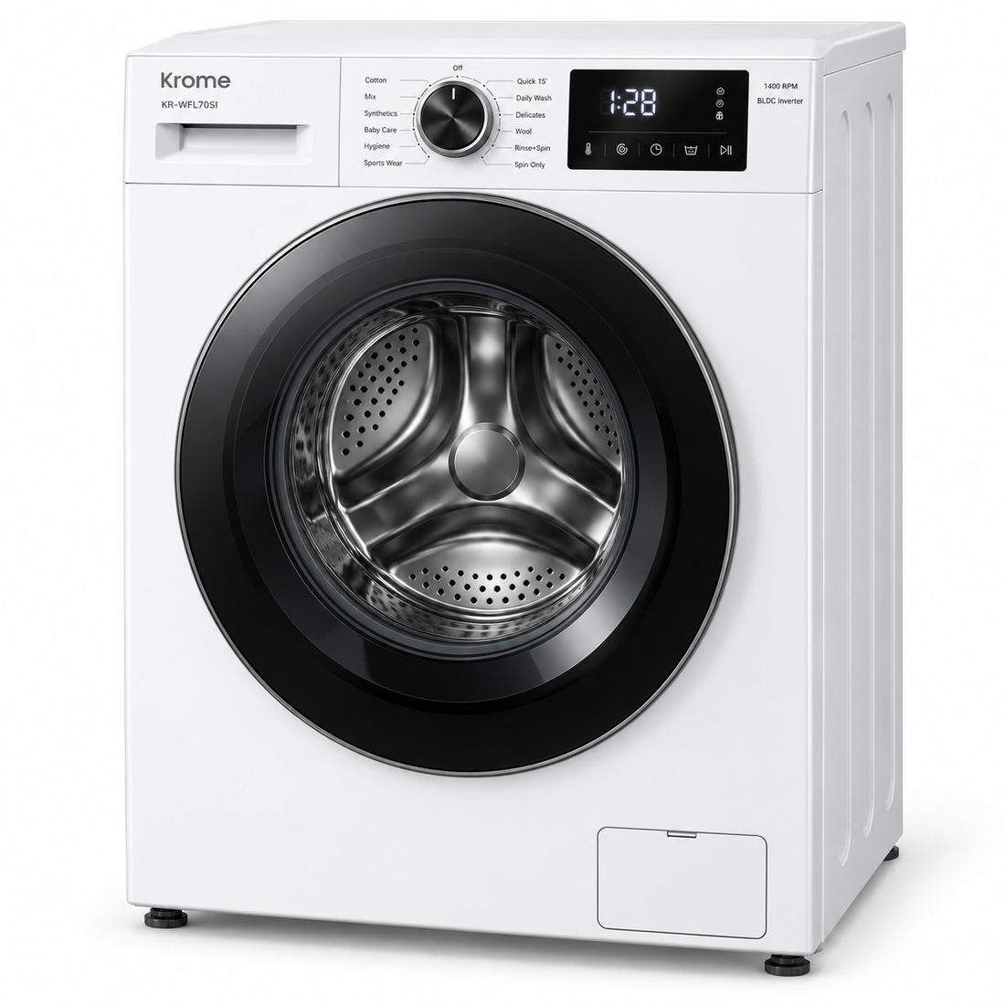 Krome KR-WFL70SI 7KG Front Load Washing Machine – 1400 RPM, BLDC Inverter Motor, 12 Wash Programs, LED Display, White