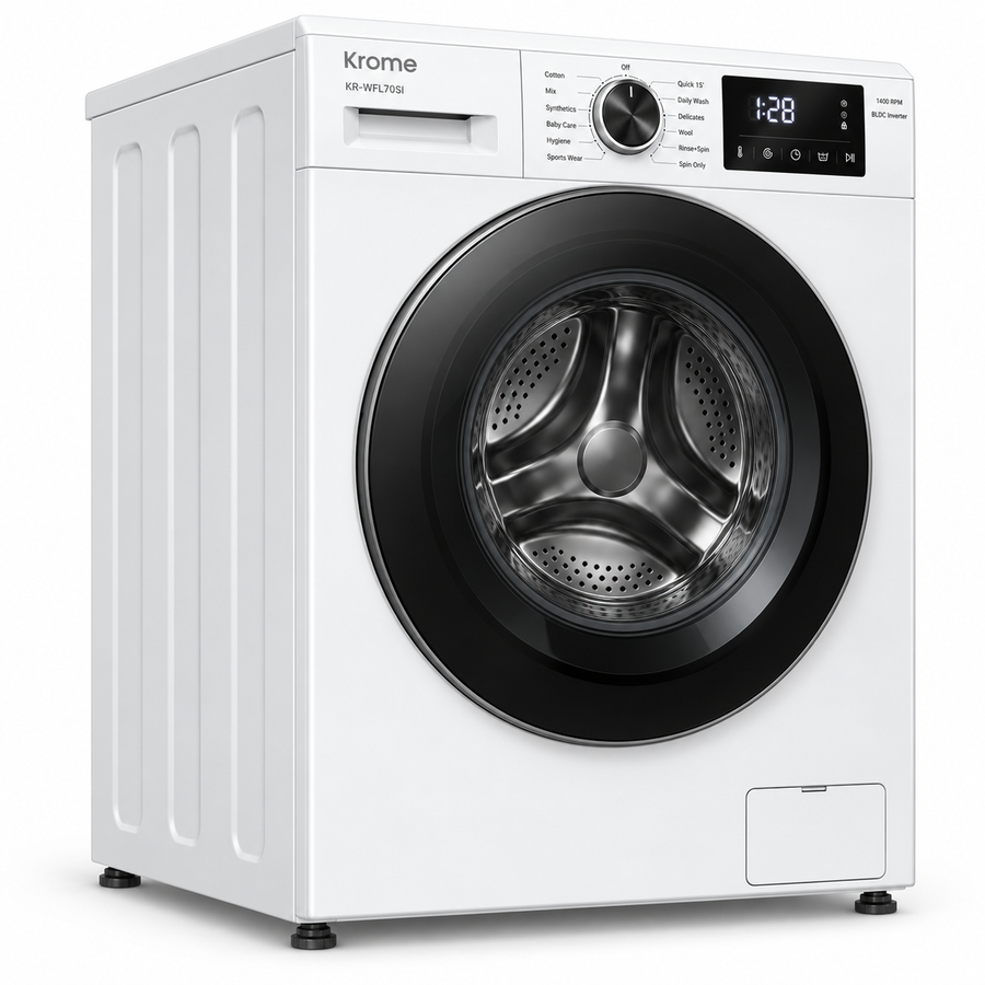 Krome KR-WFL70SI 7KG Front Load Washing Machine – 1400 RPM, BLDC Inverter Motor, 12 Wash Programs, LED Display, White