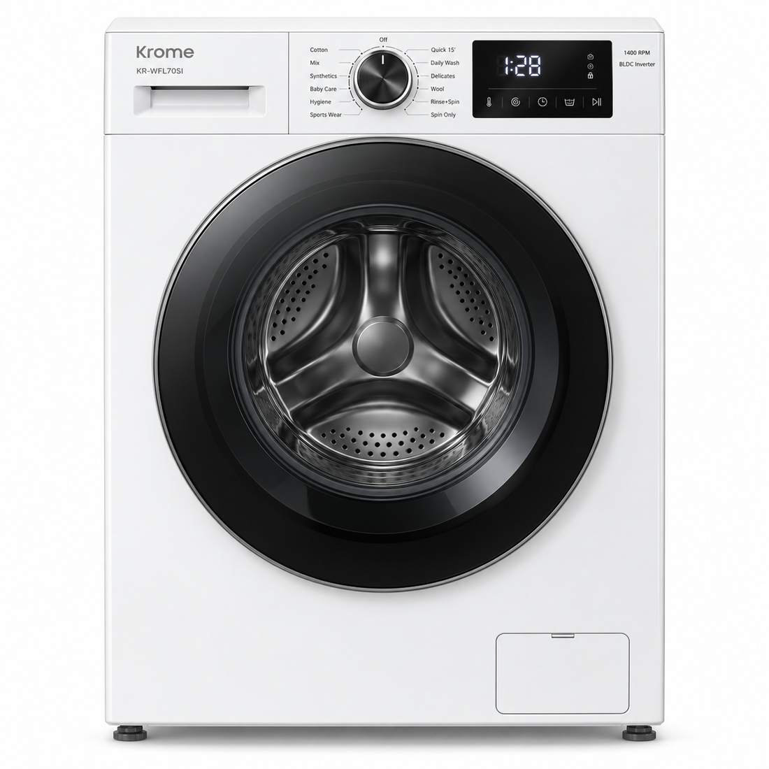 Krome KR-WFL70SI 7KG Front Load Washing Machine – 1400 RPM, BLDC Inverter Motor, 12 Wash Programs, LED Display, White