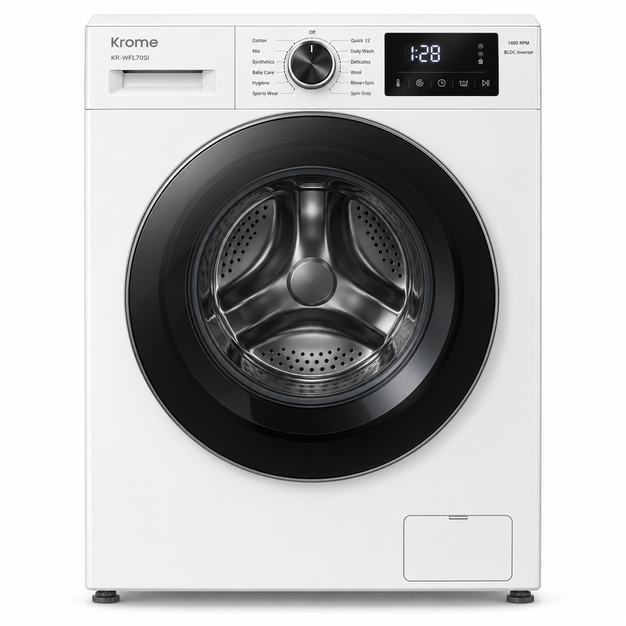 Krome KR-WFL70SI 7KG Front Load Washing Machine – 1400 RPM, BLDC Inverter Motor, 12 Wash Programs, LED Display, White