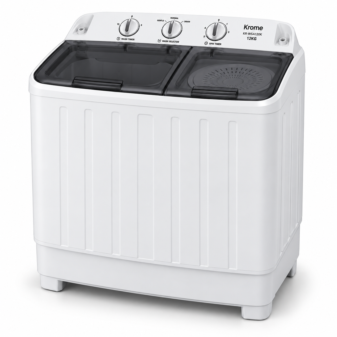 Krome KR-WSA120K 12KG Semi-Automatic Twin Tub Washing Machine – Top Load, Separate Spin Dryer, Mechanical Controls, White
