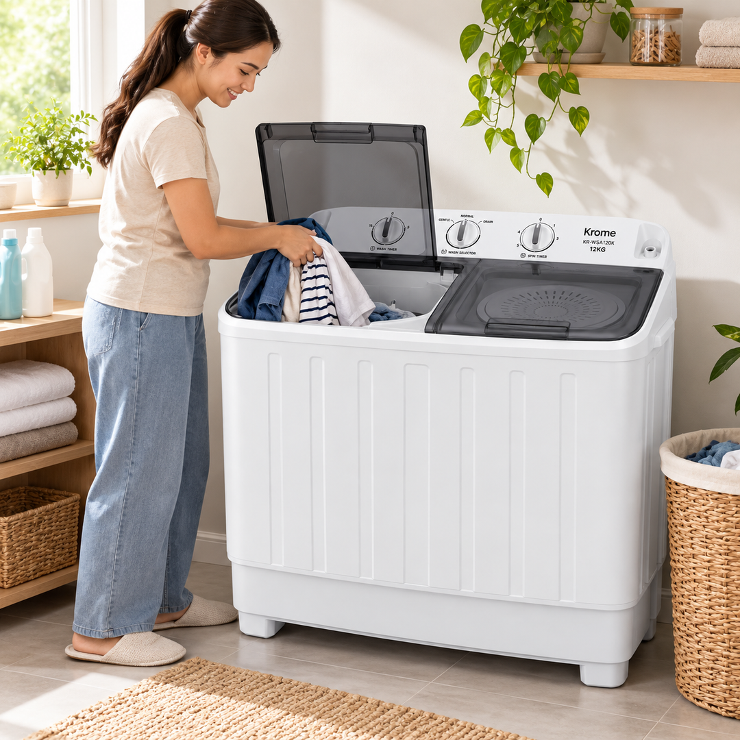 Krome KR-WSA120K 12KG Semi-Automatic Twin Tub Washing Machine – Top Load, Separate Spin Dryer, Mechanical Controls, White