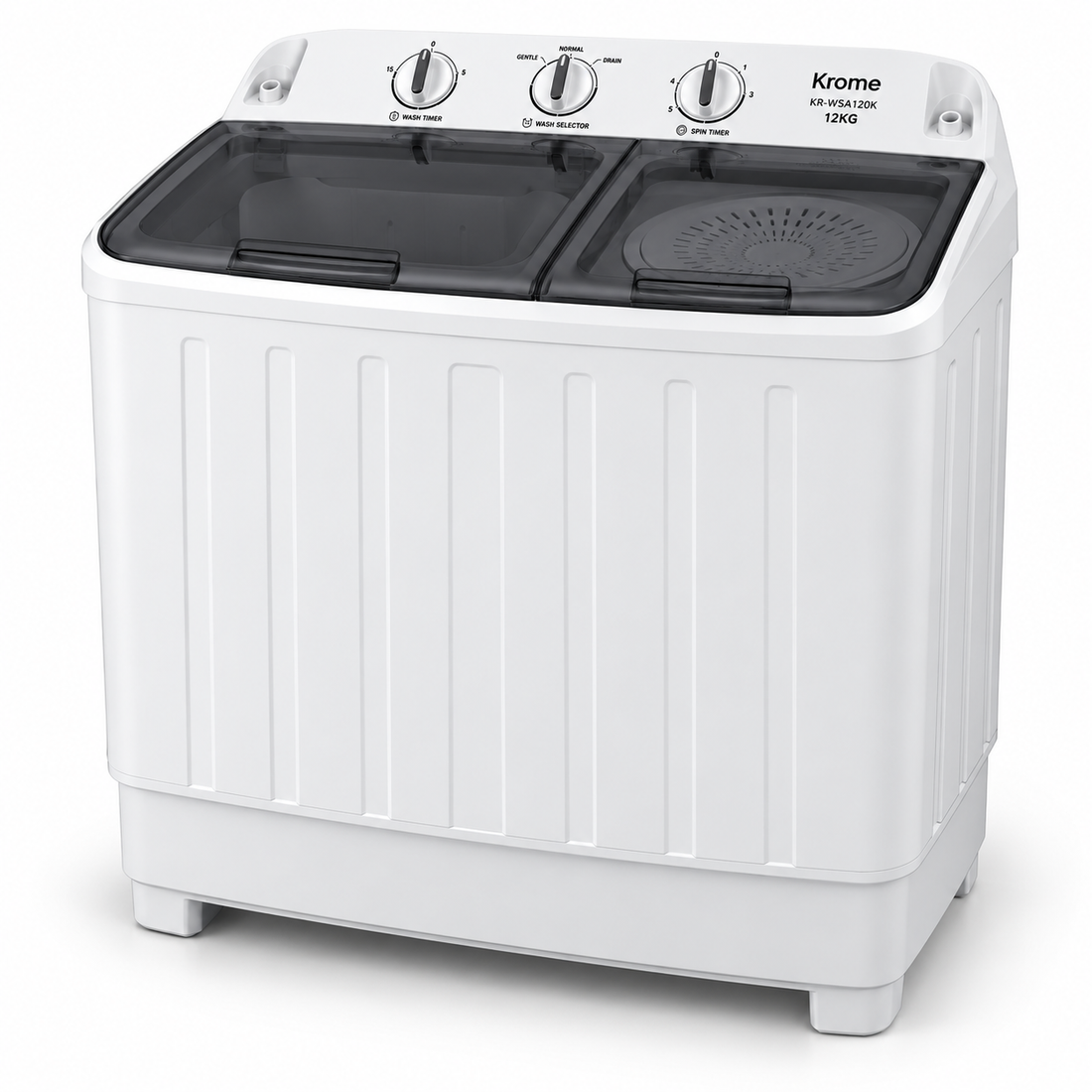 Krome KR-WSA120K 12KG Semi-Automatic Twin Tub Washing Machine – Top Load, Separate Spin Dryer, Mechanical Controls, White