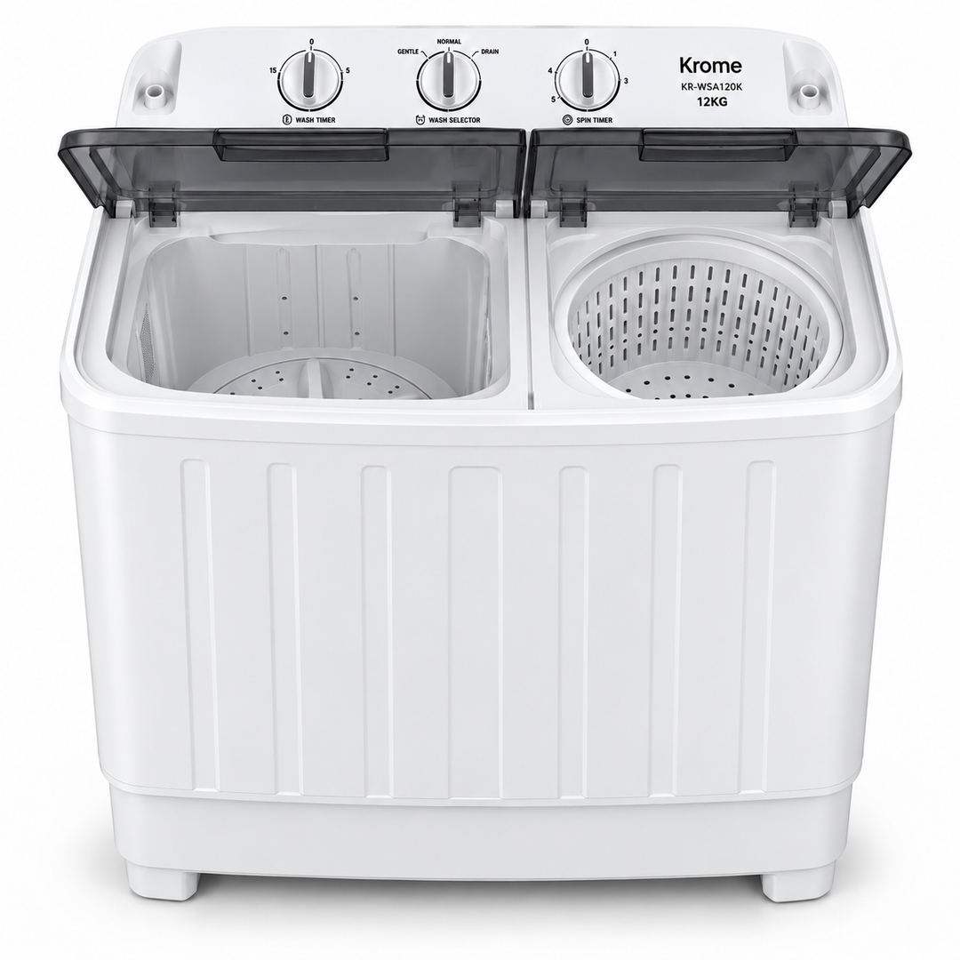 Krome KR-WSA120K 12KG Semi-Automatic Twin Tub Washing Machine – Top Load, Separate Spin Dryer, Mechanical Controls, White