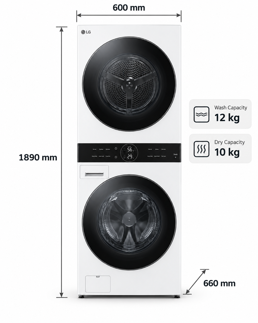 LG W4W8BVPKWHM WashTower 12KG Washer / 10KG Dryer, 1400 RPM, AI DD, Dual Inverter Heat Pump, Wi-Fi, White