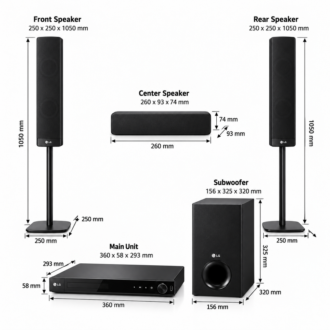 LG LHD457B 330W 5.1 Channel Home Theater System – DVD Player, Bluetooth, Tall Speakers, Front-Firing Subwoofer, Black