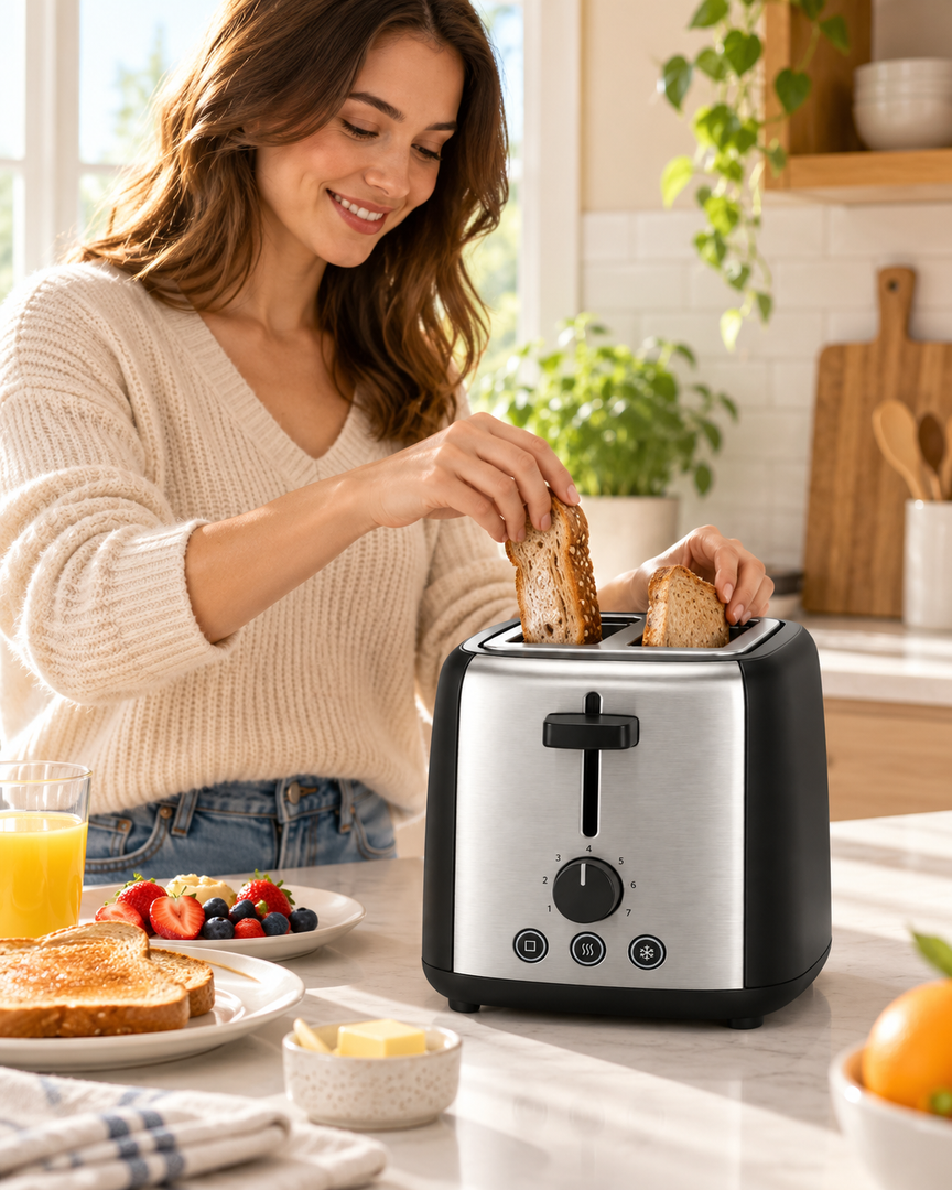 Midea MTRW2L20W 2-Slice Bread Toaster – 950W, 7 Browning Levels, Reheat, Defrost & Cancel Functions, Black/Silver