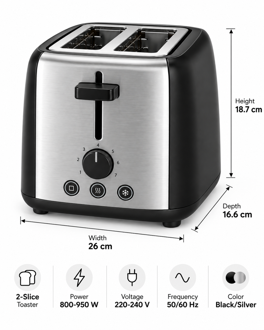Midea MTRW2L20W 2-Slice Bread Toaster – 950W, 7 Browning Levels, Reheat, Defrost & Cancel Functions, Black/Silver