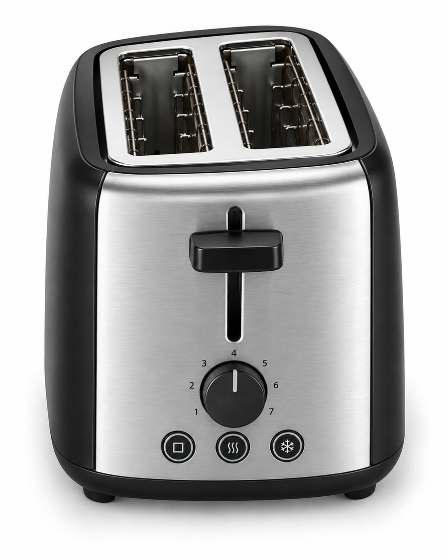 Midea MTRW2L20W 2-Slice Bread Toaster – 950W, 7 Browning Levels, Reheat, Defrost & Cancel Functions, Black/Silver