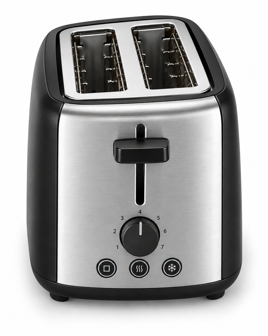 Midea MTRW2L20W 2-Slice Bread Toaster – 950W, 7 Browning Levels, Reheat, Defrost & Cancel Functions, Black/Silver