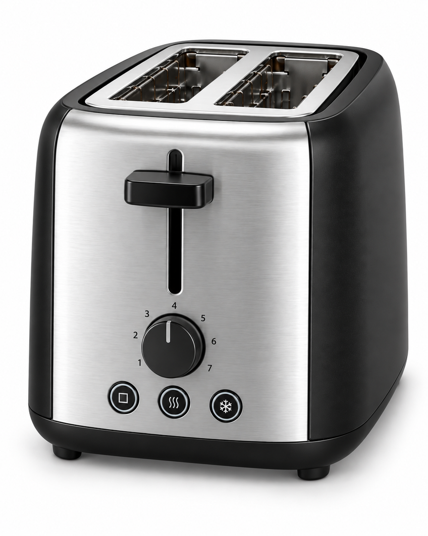 Midea MTRW2L20W 2-Slice Bread Toaster – 950W, 7 Browning Levels, Reheat, Defrost & Cancel Functions, Black/Silver