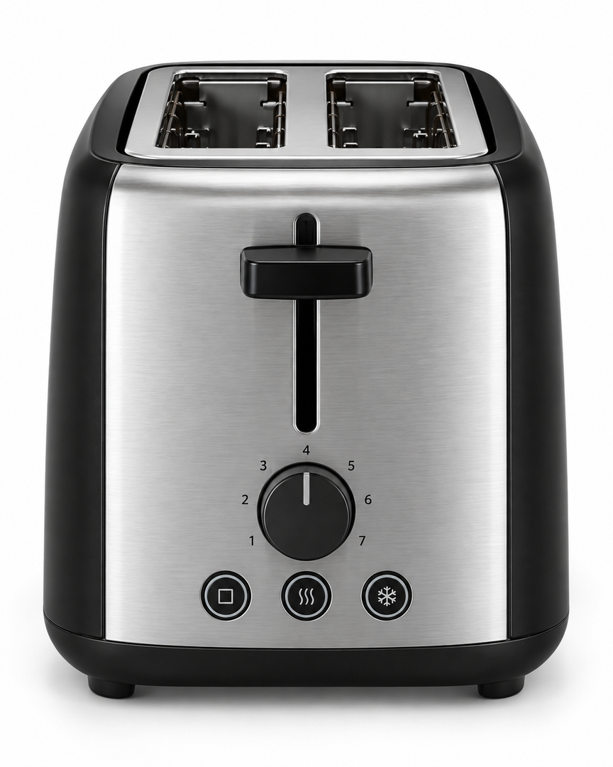 Midea MTRW2L20W 2-Slice Bread Toaster – 950W, 7 Browning Levels, Reheat, Defrost & Cancel Functions, Black/Silver