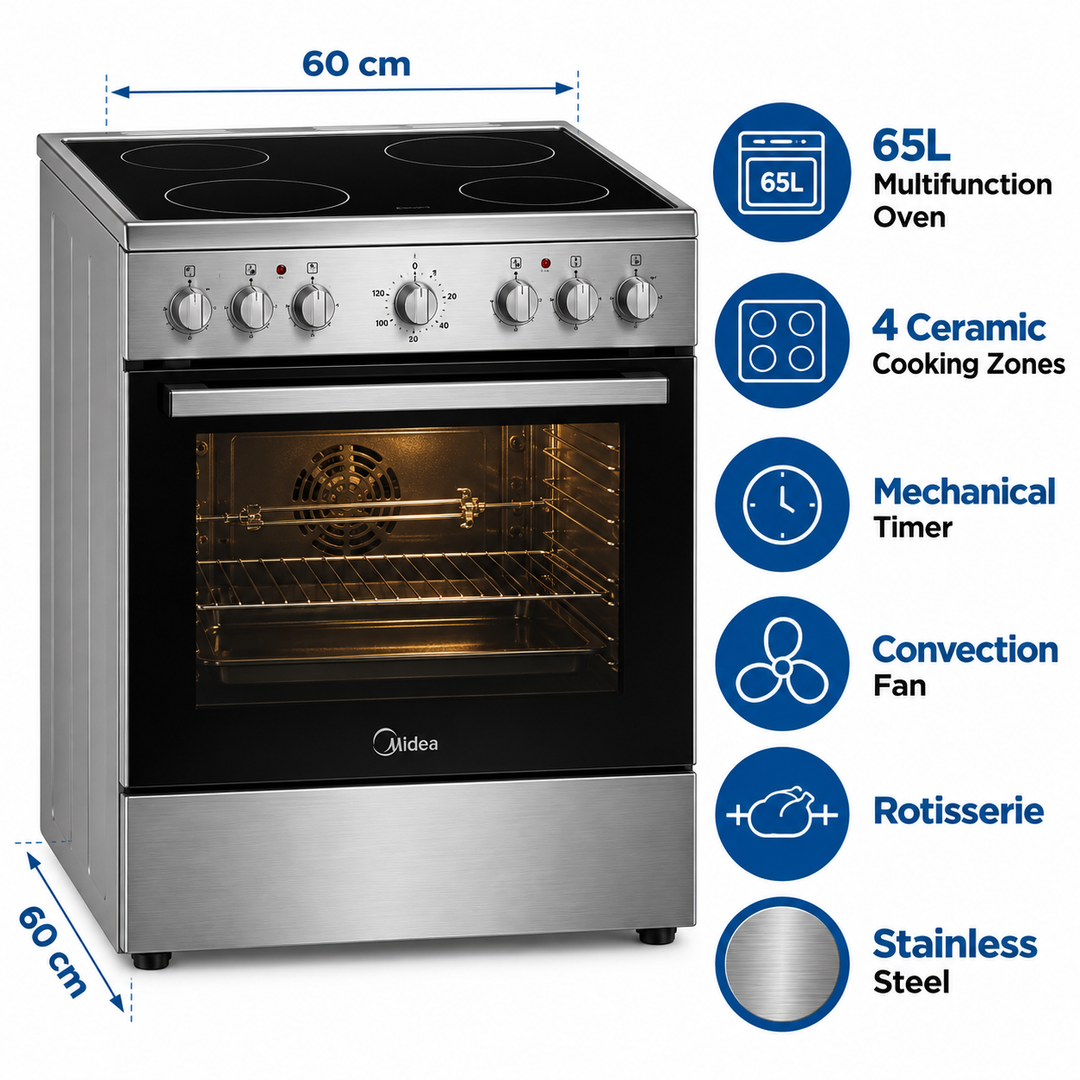 Midea VC6814 60x60cm Freestanding Electric Ceramic Cooking Range, 4 Cooking Zones, 65L Multifunction Oven, Stainless Steel