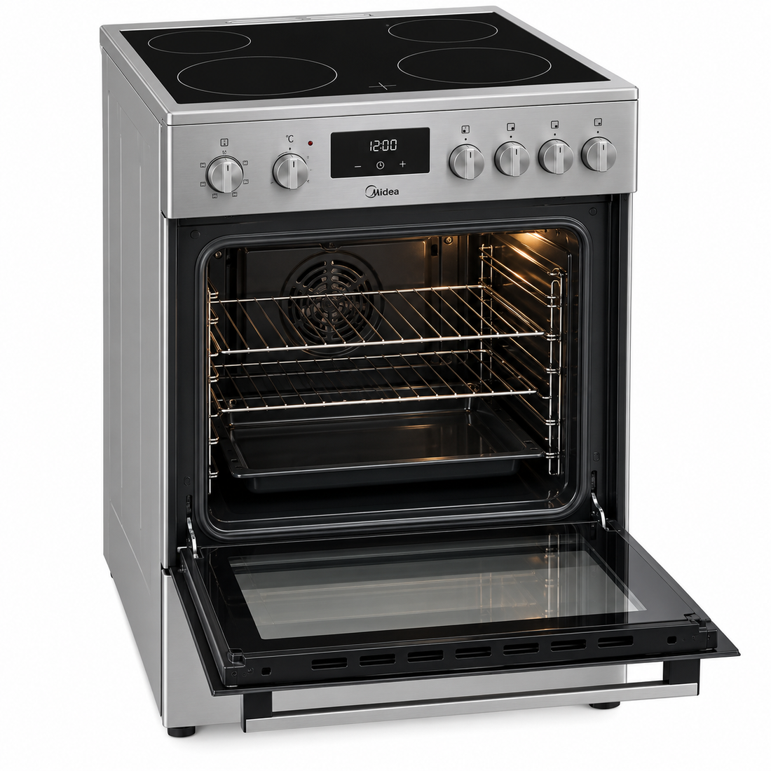 Midea VC6814 60x60cm Freestanding Electric Ceramic Cooking Range, 4 Cooking Zones, 65L Multifunction Oven, Stainless Steel