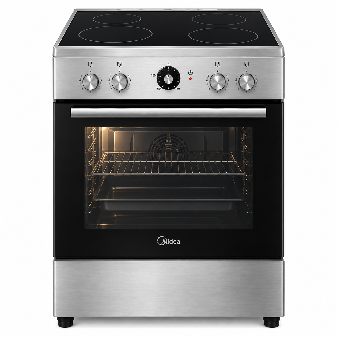 Midea VC6814 60x60cm Freestanding Electric Ceramic Cooking Range, 4 Cooking Zones, 65L Multifunction Oven, Stainless Steel
