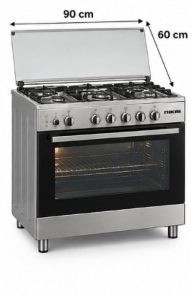 Nikai U906CQ 90x60cm Freestanding Gas Cooking Range, 5 Burners, Gas Oven, Convection Fan, Stainless Steel