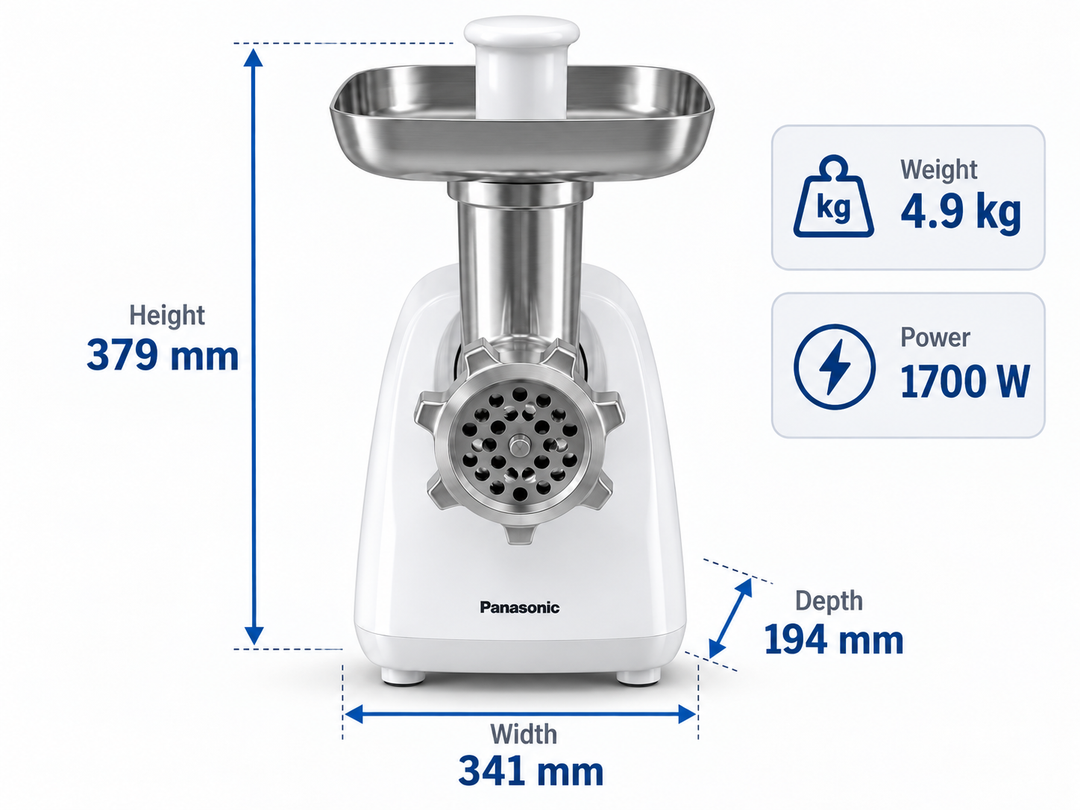 Panasonic MK-GX1711 1700W Electric Meat Grinder – 3 Cutting Plates, Japanese-Made Blade, Kubbe & Sausage Attachments, White