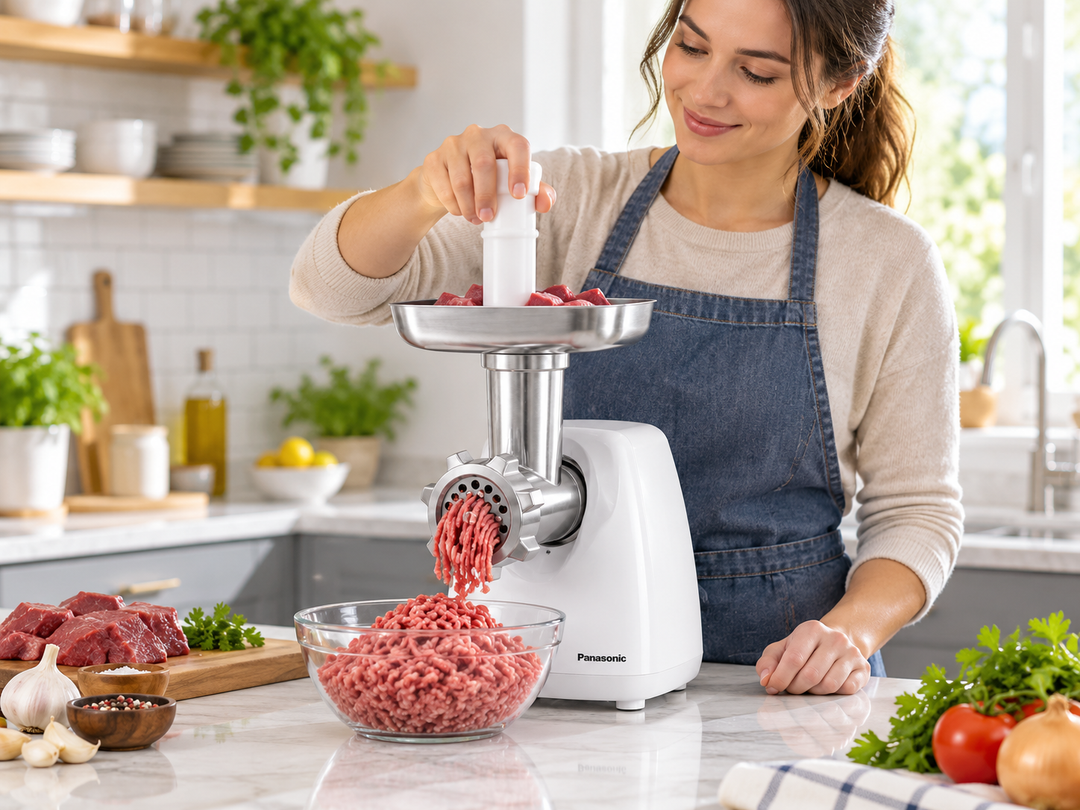 Panasonic MK-GX1711 1700W Electric Meat Grinder – 3 Cutting Plates, Japanese-Made Blade, Kubbe & Sausage Attachments, White