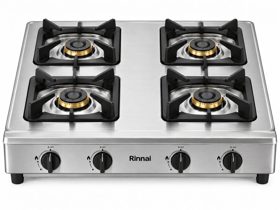 Rinnai RI4RSPN Heavy Duty 4-Burner Tabletop Gas Stove – Stainless Steel, Cast Iron Burners, LPG, Silver