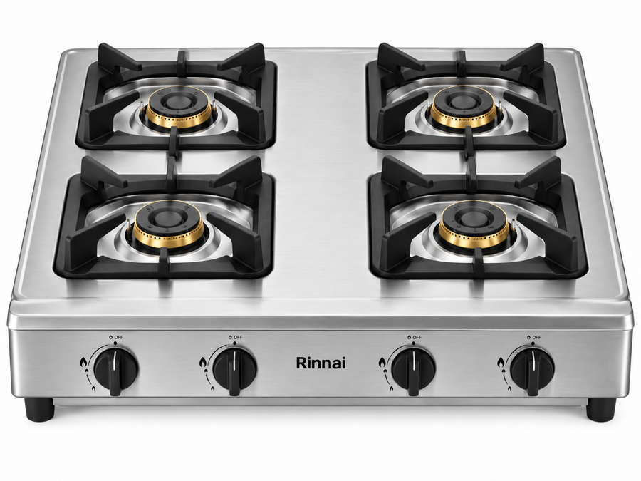 Rinnai RI4RSPN Heavy Duty 4-Burner Tabletop Gas Stove – Stainless Steel, Cast Iron Burners, LPG, Silver