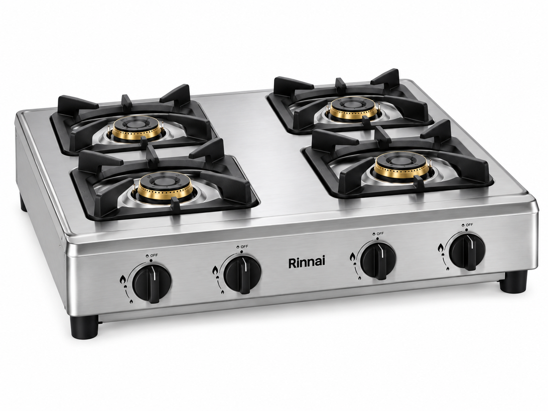 Rinnai RI4RSPN Heavy Duty 4-Burner Tabletop Gas Stove – Stainless Steel, Cast Iron Burners, LPG, Silver