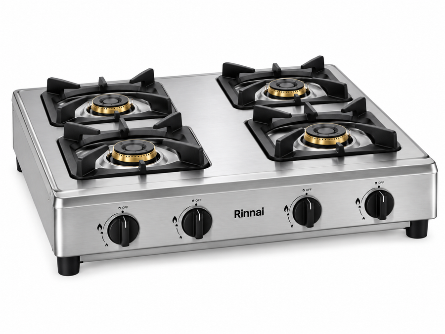Rinnai RI4RSPN Heavy Duty 4-Burner Tabletop Gas Stove – Stainless Steel, Cast Iron Burners, LPG, Silver