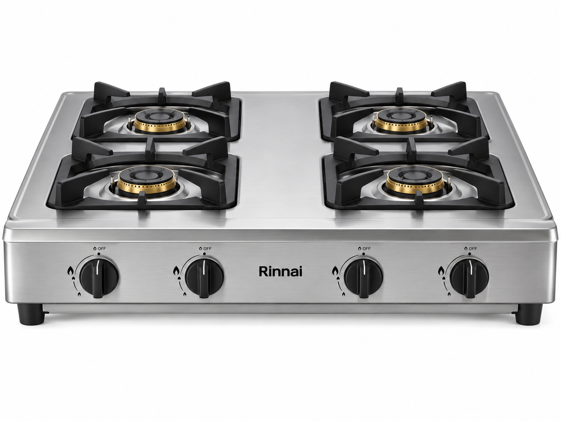 Rinnai RI4RSPN Heavy Duty 4-Burner Tabletop Gas Stove – Stainless Steel, Cast Iron Burners, LPG, Silver