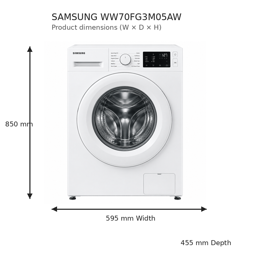 Samsung WW70FG3M05AW 7KG Front Load Washing Machine, 1400 RPM, Digital Inverter, Hygiene Steam, White