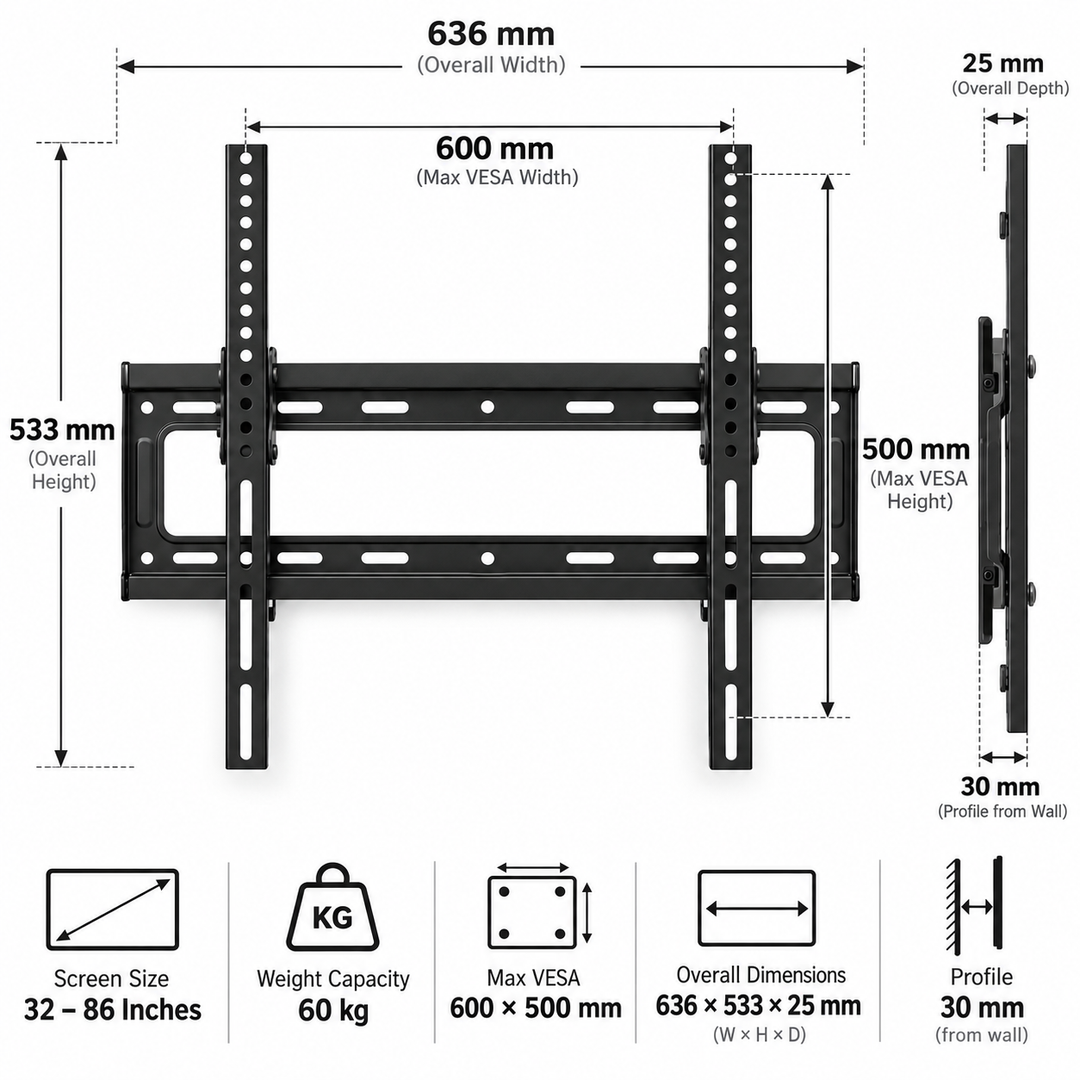 Skill Tech PM63FW Fixed TV Wall Mount for 32–86 Inch TVs – 60KG Capacity, VESA 600×500mm, Slim Profile, Black