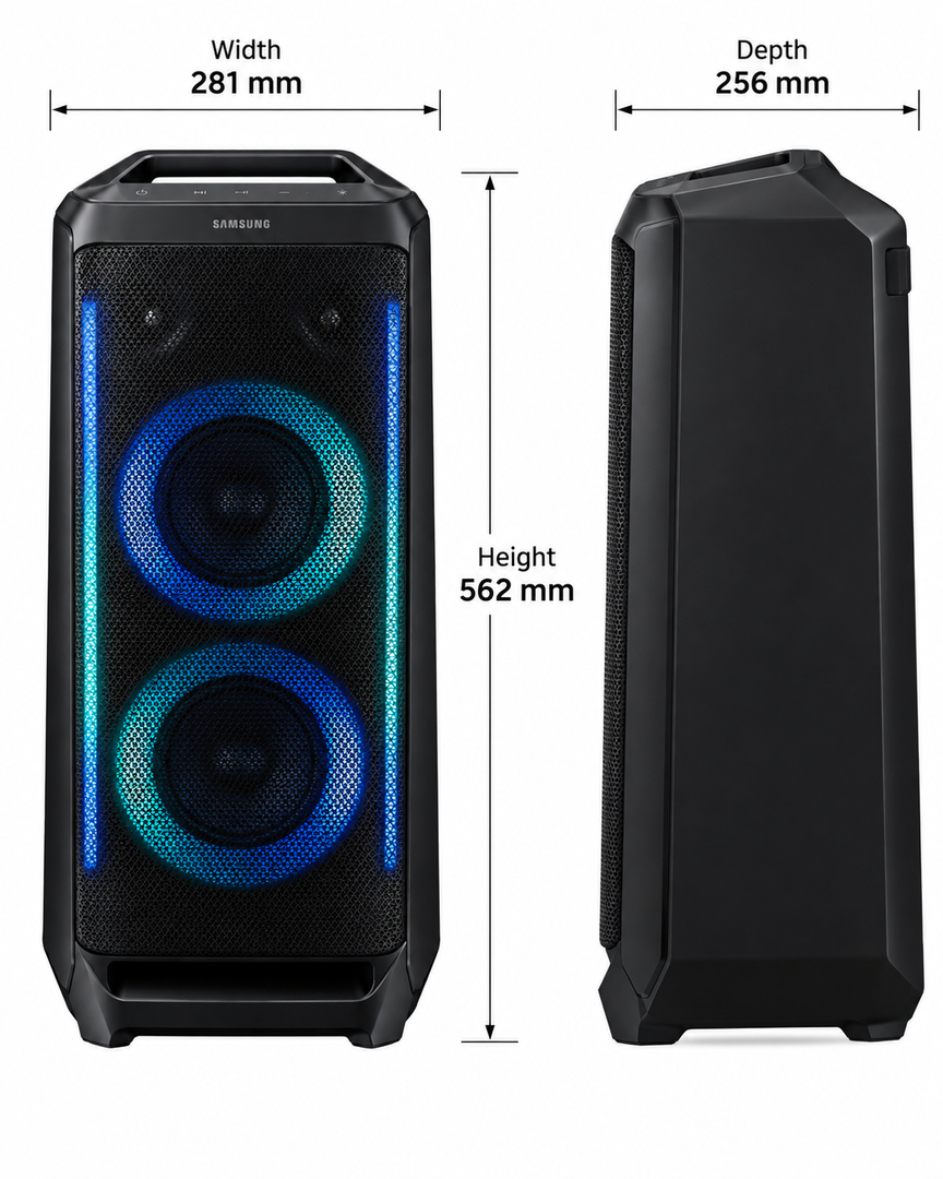 Samsung MX-ST40B 160W Portable Sound Tower – Bi-Directional Sound, Bluetooth, Built-in Battery, IPX5 Water Resistance, Party Lights, Black