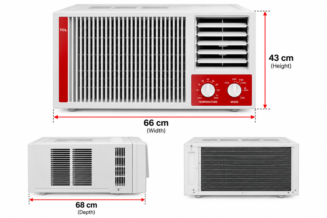 TCL 1.5 Ton Window Air Conditioner, 18000 BTU, Rotary Compressor, T3 Tropical Cooling, R410A Refrigerant & Golden Fin – White/Red | TAC-18CWA-LTA - Teq Souq
