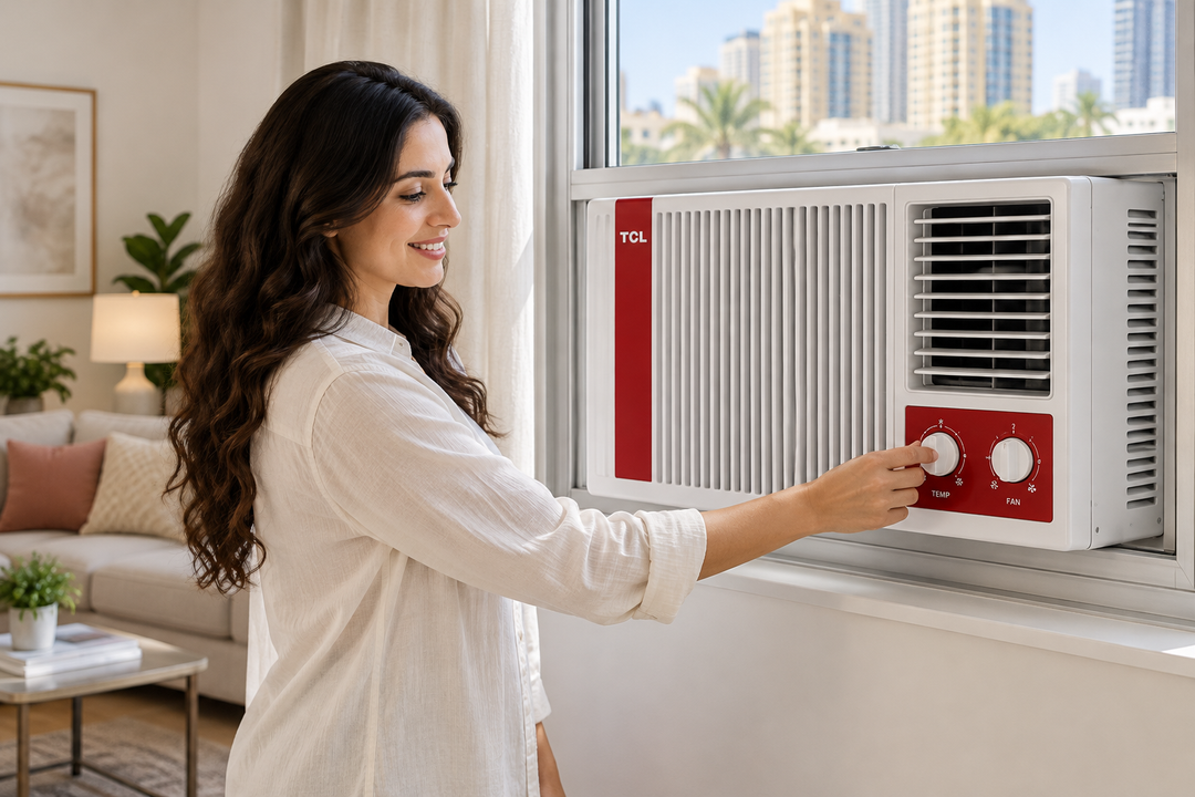 TCL 1.5 Ton Window Air Conditioner, 18000 BTU, Rotary Compressor, T3 Tropical Cooling, R410A Refrigerant & Golden Fin – White/Red | TAC-18CWA-LTA - Teq Souq
