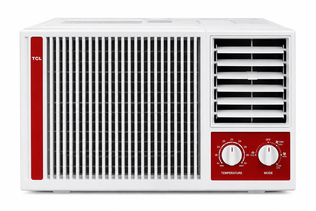 TCL 1.5 Ton Window Air Conditioner, 18000 BTU, Rotary Compressor, T3 Tropical Cooling, R410A Refrigerant & Golden Fin – White/Red | TAC-18CWA-LTA - Teq Souq