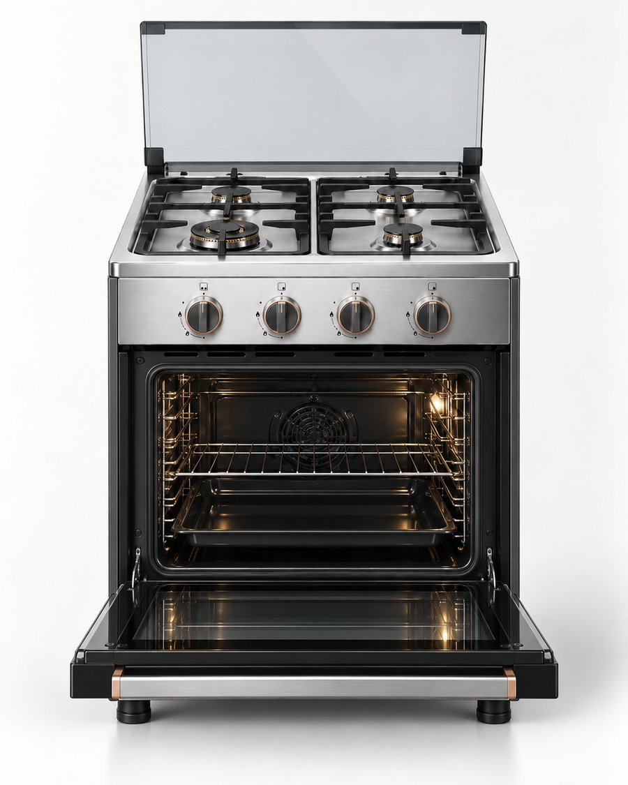 TOSHIBA 60x60cm 4 Burner Freestanding Gas Cooking Range with Gas Oven, Grill, Auto Ignition & Glass Lid – Stainless Steel | TBA-24BMG4G089KS - Teq Souq