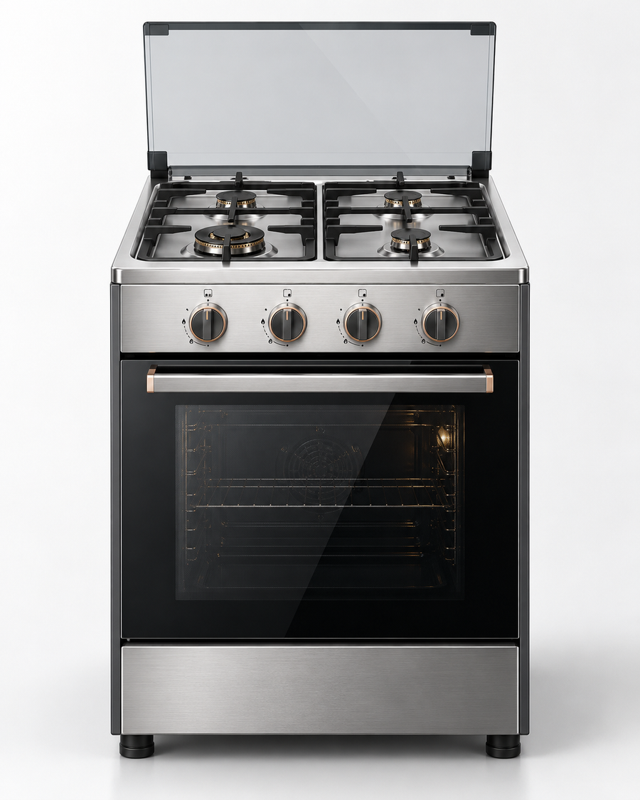 TOSHIBA 60x60cm 4 Burner Freestanding Gas Cooking Range with Gas Oven, Grill, Auto Ignition & Glass Lid – Stainless Steel | TBA-24BMG4G089KS - Teq Souq