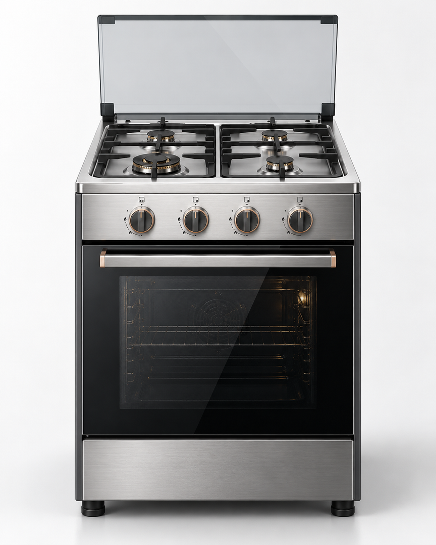 TOSHIBA 60x60cm 4 Burner Freestanding Gas Cooking Range with Gas Oven, Grill, Auto Ignition & Glass Lid – Stainless Steel | TBA-24BMG4G089KS - Teq Souq