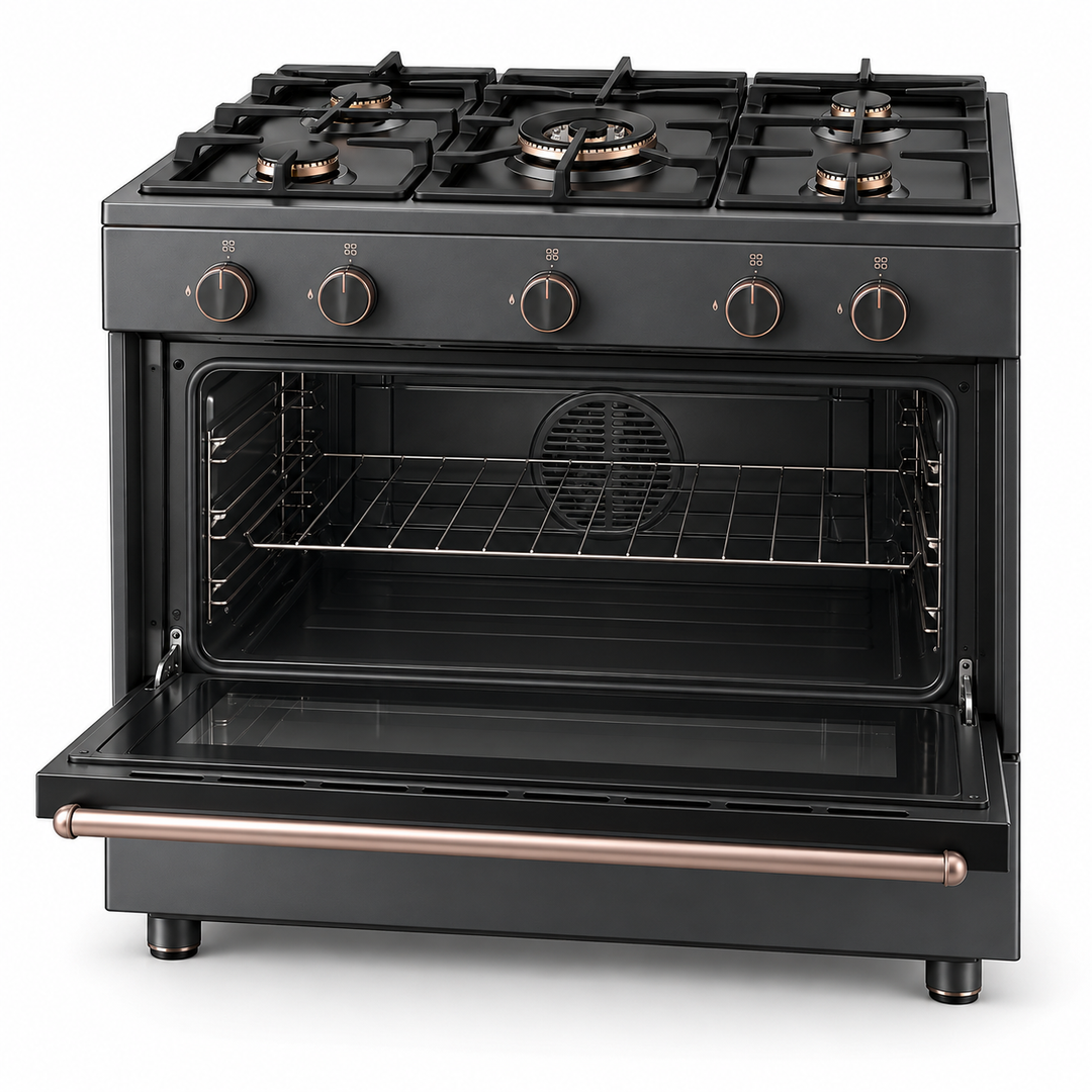 TOSHIBA Lava Series 90cm 5 Burner Gas Cooking Range with 115L Gas Oven, Convection Fan & Flame Failure Safety – Dark Grey | TBA-36LMG5G089KS - Teq Souq