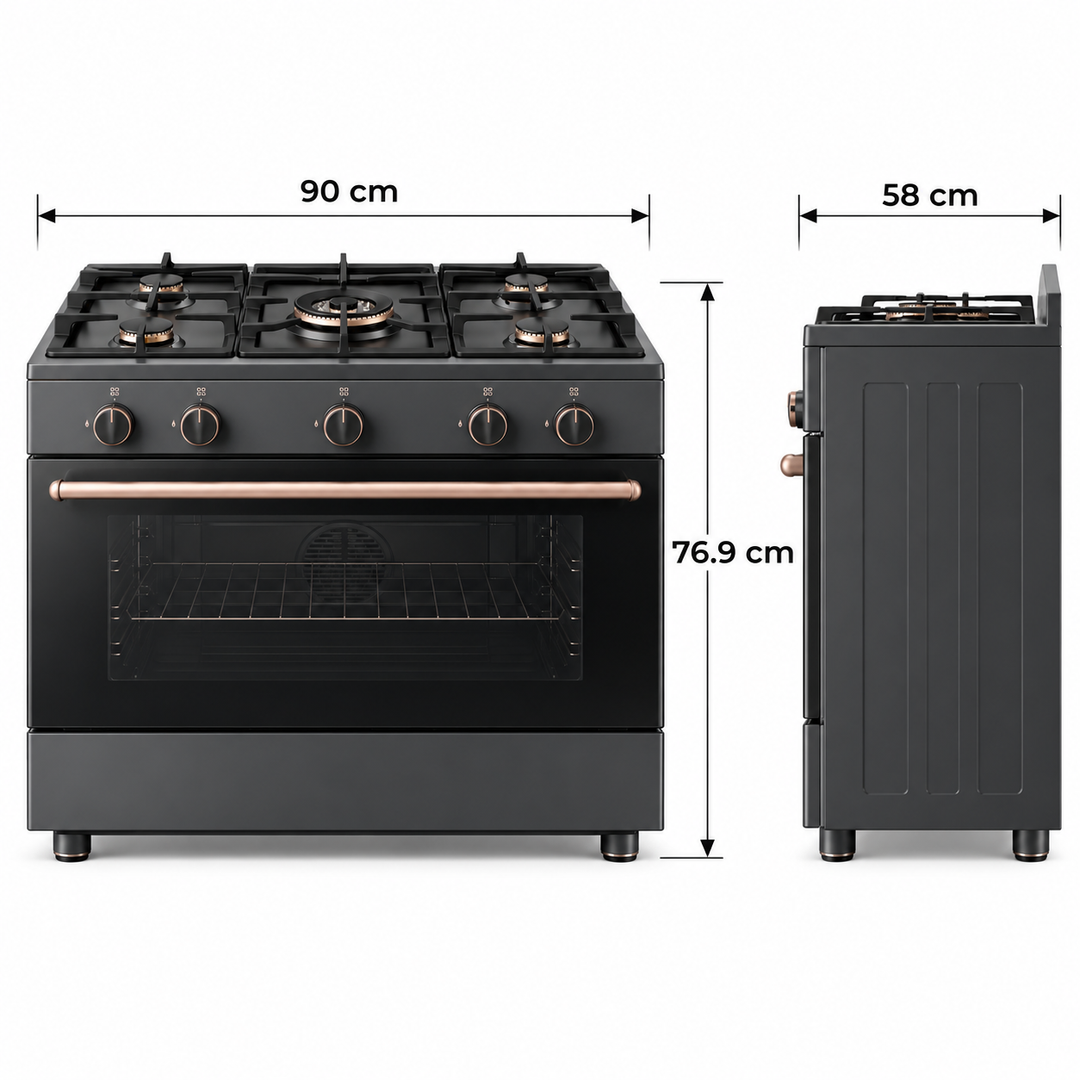 TOSHIBA Lava Series 90cm 5 Burner Gas Cooking Range with 115L Gas Oven, Convection Fan & Flame Failure Safety – Dark Grey | TBA-36LMG5G089KS - Teq Souq