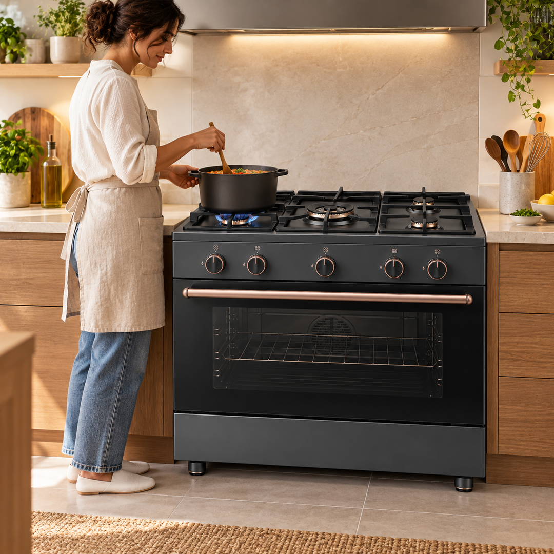 TOSHIBA Lava Series 90cm 5 Burner Gas Cooking Range with 115L Gas Oven, Convection Fan & Flame Failure Safety – Dark Grey | TBA-36LMG5G089KS - Teq Souq