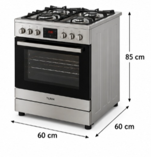 TERIM 60x60cm 4 Burner Gas Cooking Range with 55L Electric Oven, Turbo Fan & Digital Timer – Stainless Steel | TERGE66ST - Teq Souq