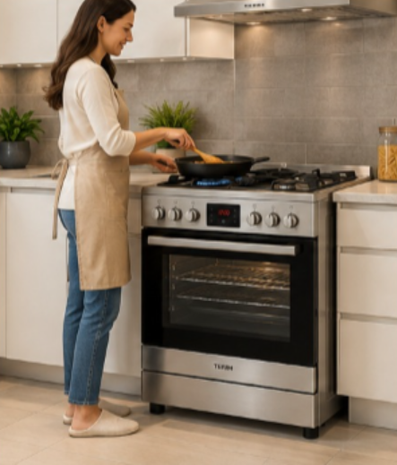 TERIM 60x60cm 4 Burner Gas Cooking Range with 55L Electric Oven, Turbo Fan & Digital Timer – Stainless Steel | TERGE66ST - Teq Souq