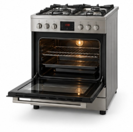 TERIM 60x60cm 4 Burner Gas Cooking Range with 55L Electric Oven, Turbo Fan & Digital Timer – Stainless Steel | TERGE66ST - Teq Souq