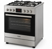 TERIM 60x60cm 4 Burner Gas Cooking Range with 55L Electric Oven, Turbo Fan & Digital Timer – Stainless Steel | TERGE66ST - Teq Souq