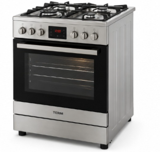 TERIM 60x60cm 4 Burner Gas Cooking Range with 55L Electric Oven, Turbo Fan & Digital Timer – Stainless Steel | TERGE66ST - Teq Souq