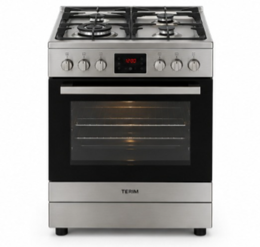 TERIM 60x60cm 4 Burner Gas Cooking Range with 55L Electric Oven, Turbo Fan & Digital Timer – Stainless Steel | TERGE66ST - Teq Souq