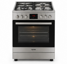 TERIM 60x60cm 4 Burner Gas Cooking Range with 55L Electric Oven, Turbo Fan & Digital Timer – Stainless Steel | TERGE66ST - Teq Souq