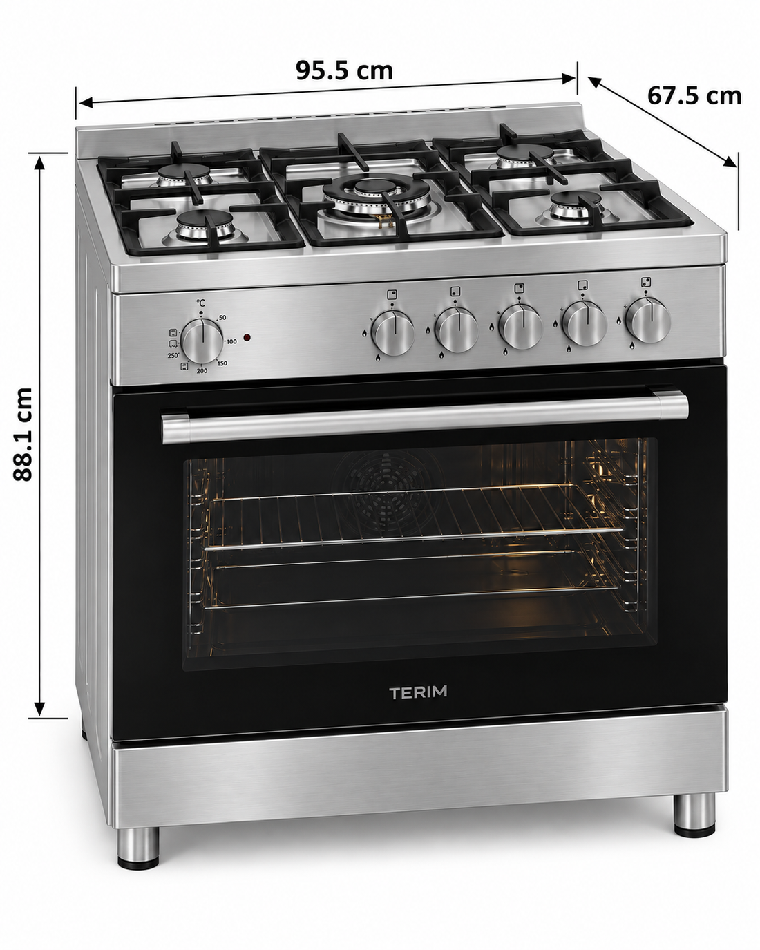 TERIM 90x60cm 5 Burner Gas Cooking Range with 106L Electric Oven, Turbo Fan & Digital Timer – Stainless Steel | TERGE96ST - Teq Souq